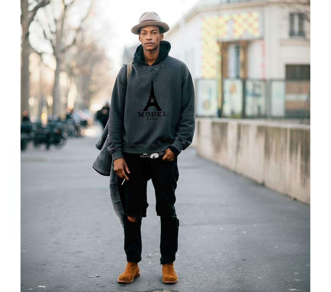 Model in MODÈL sweatshirt with layered streetwear look