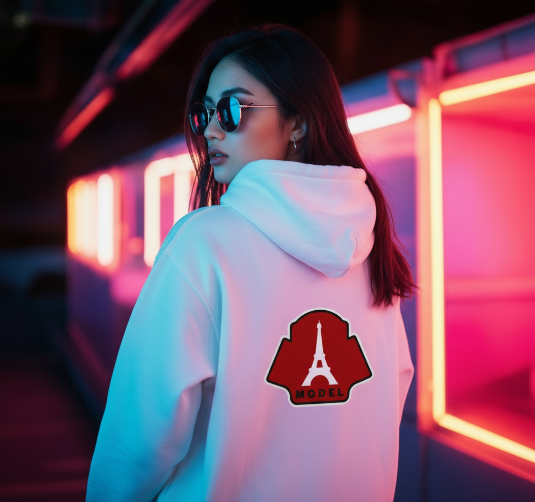 Female model in white MODÈL hoodie with neon lights