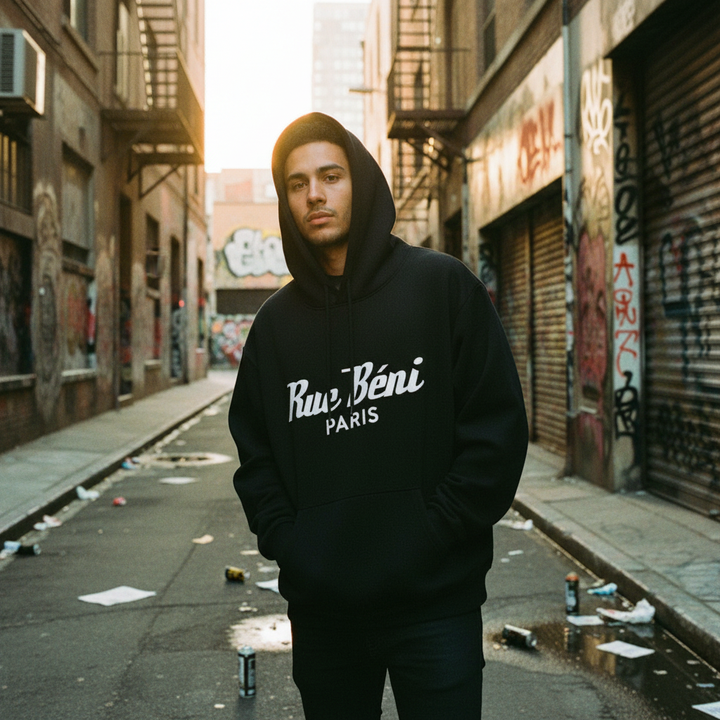 Rue Béni black hoodie street photography front