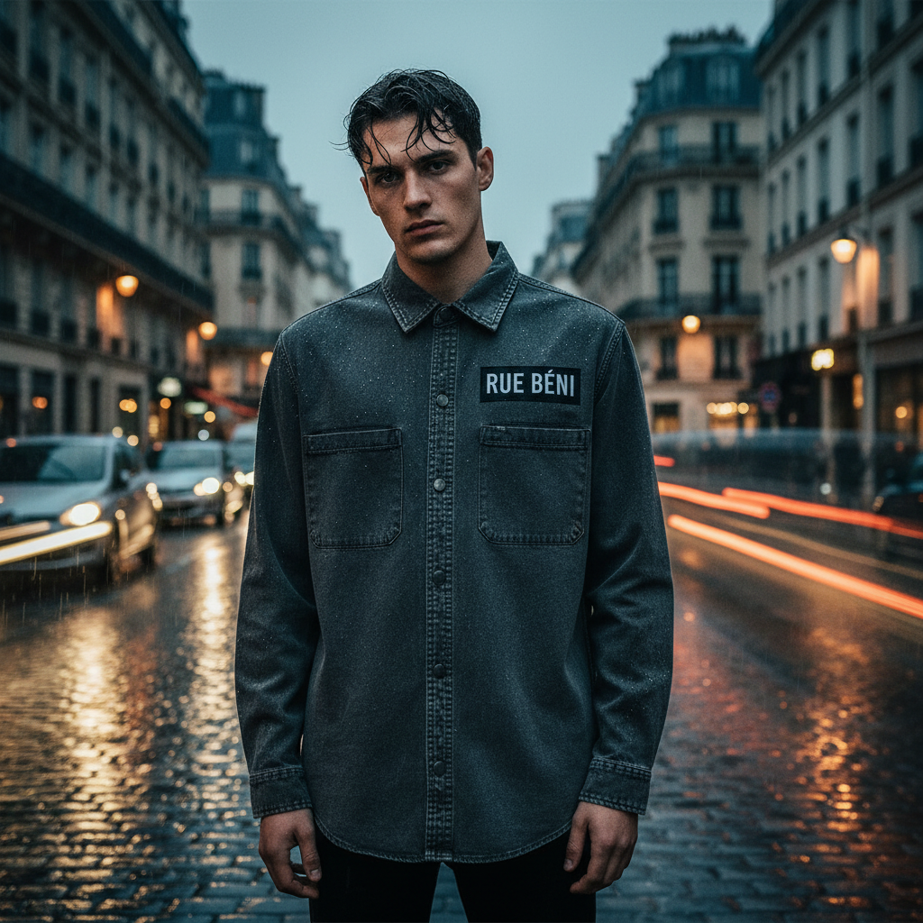 Rue Béni denim shirt in rainy Paris streets