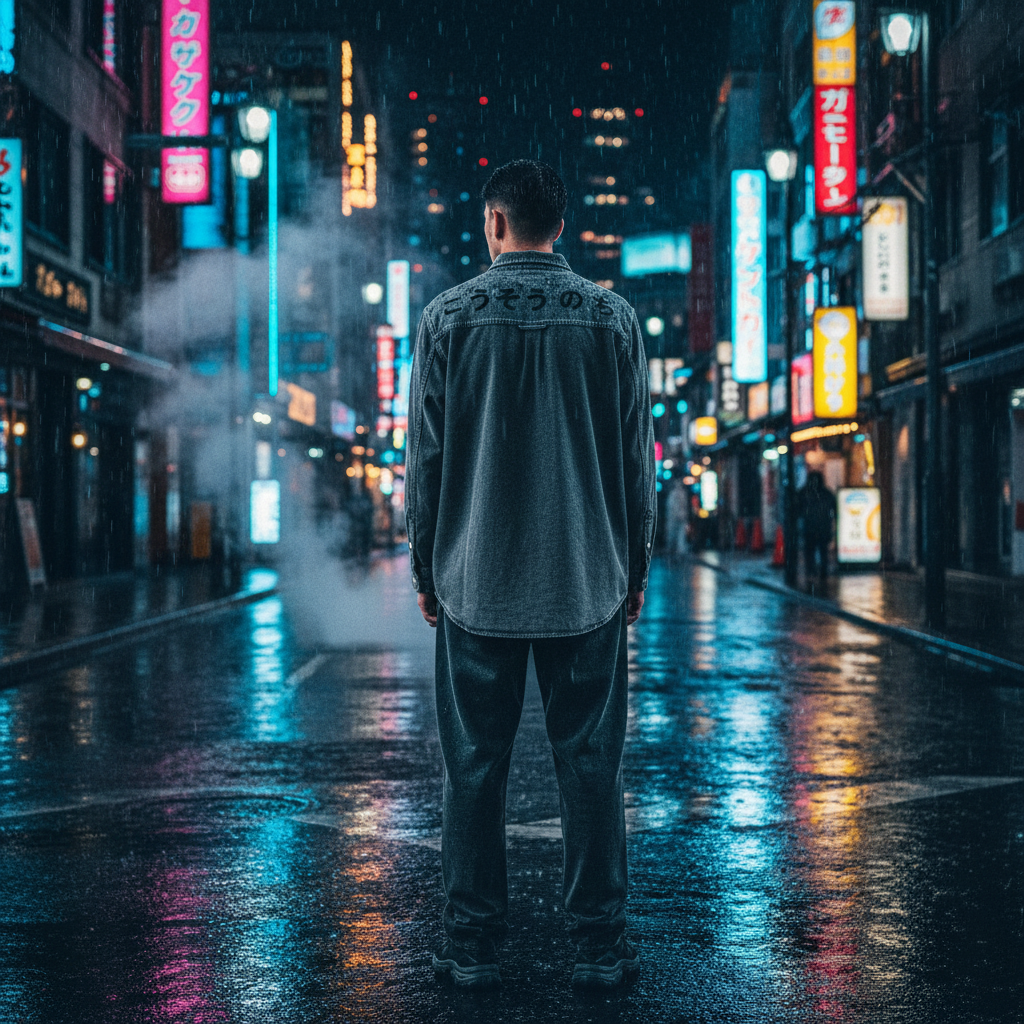 Rue Béni denim shirt with Japanese text in rainy Tokyo streets